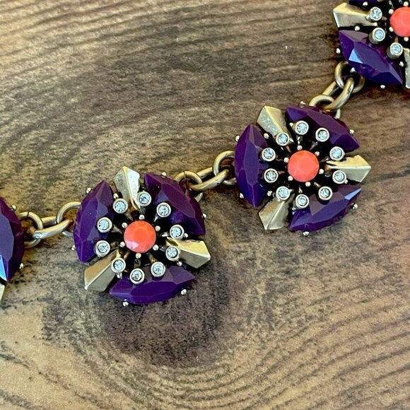 J Crew Statement Necklace Purple Coral Gold Rhinestone Crystal Cluster Retro 18" - Picture 4 of 13